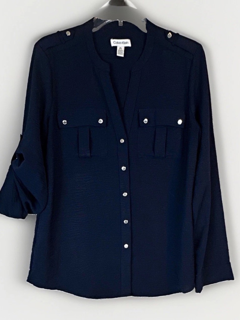 Calvin Klein Women's Black Button-Up Blouse M V-Neck Long Sleeve Chiffon